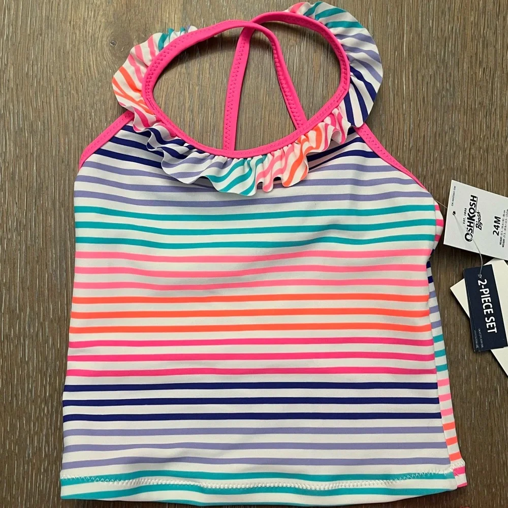 🆕Oshkosh baby girls two piece pastel‎ multicolor striped swim suit 24 mos NWT